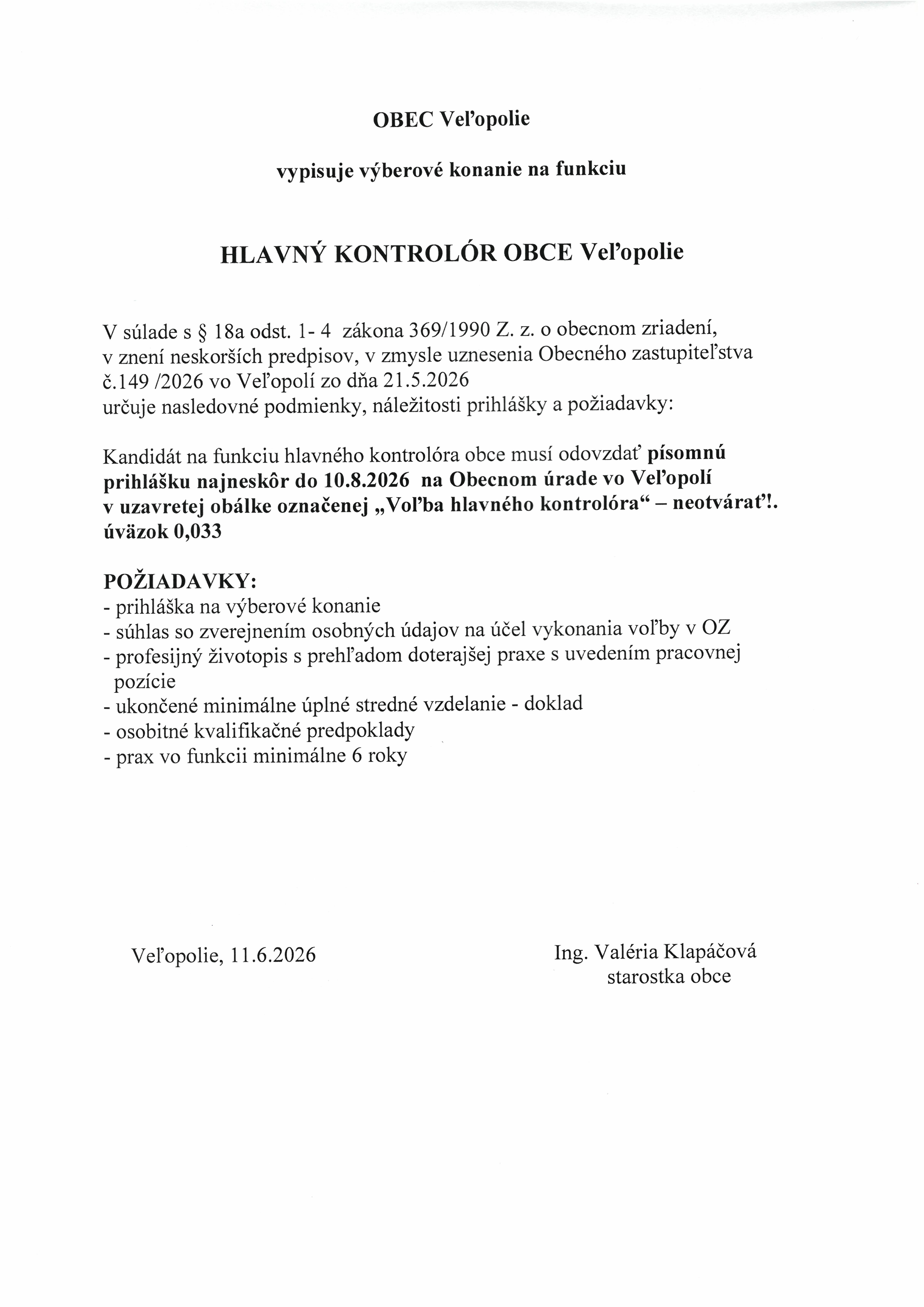 výberové konanie na funkciu hlavného kontrolóra obce
