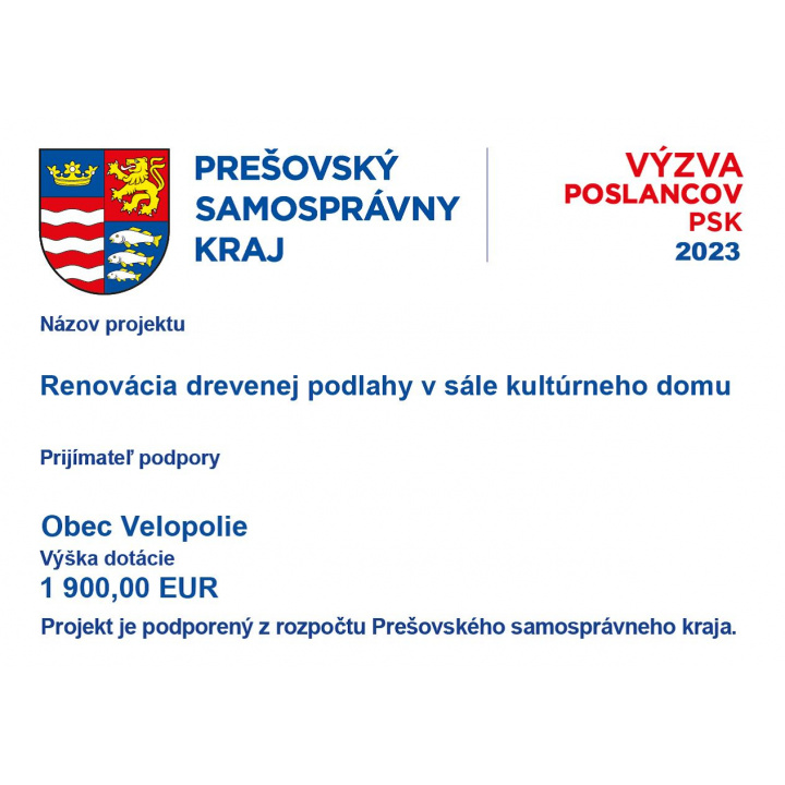 Renovácia drevenej podlahy v sále kultúrneho domu-Projekt je podporený z rozpočtu Prešovského samosprávneho kraja.